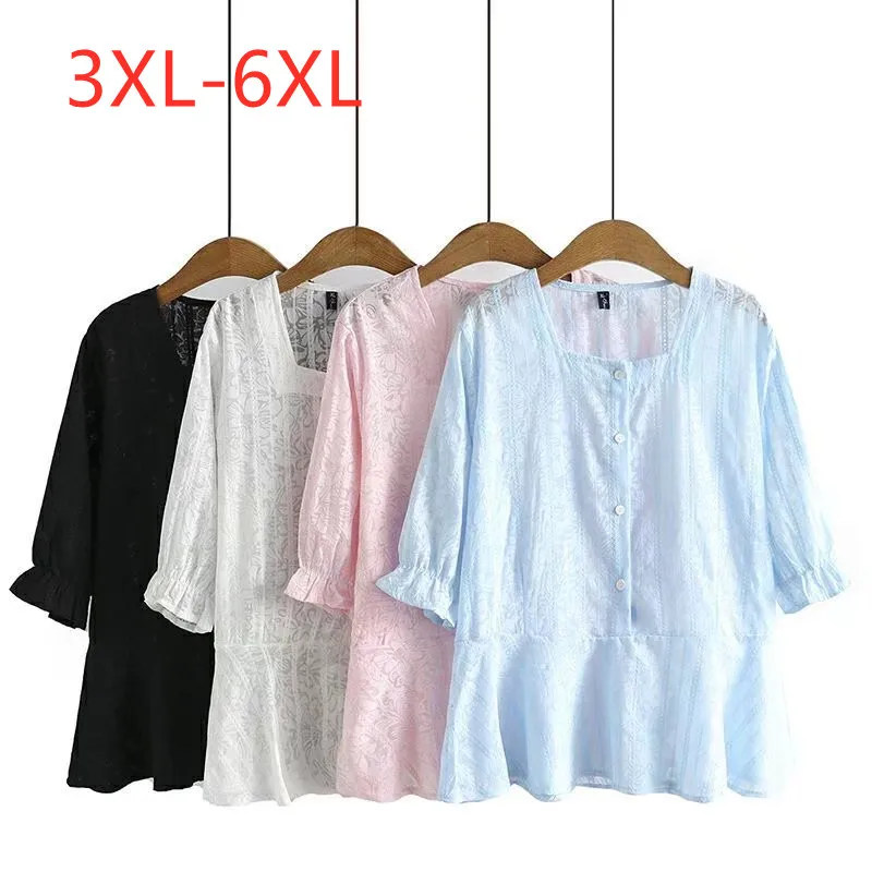 

New 2022 Summer Plus Size Tops For Women Large Blouse Short Sleeve White Blue Casual Cotton Floral Cute Shirt 3XL 4XL 5XL 6XL