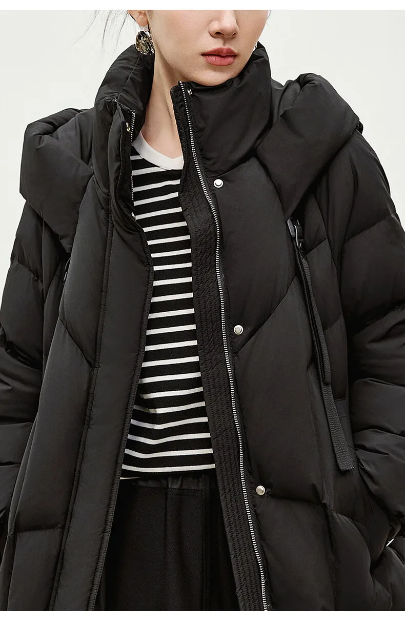 SENTUBILA Winter Long Down Coat Women 2024 Korean Over`sized Hooded Zipper White Duck Down Jackets Parkas Outerwears W44Y55972