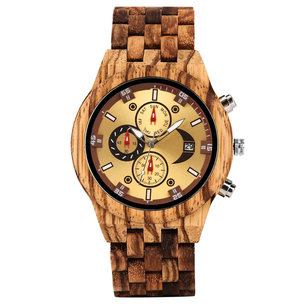 Men's Vintage Quartz Chronograph with Wooden Bangle and Calendar Function