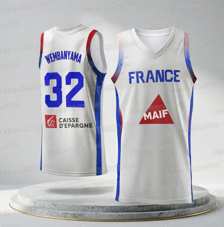Basketballtrikots Frankreich 34 WEMBANYAMA Trikot Genäht Günstig Hochwertig Outdoor-Sportbekleidung Hellblau Familienoutfit 2026