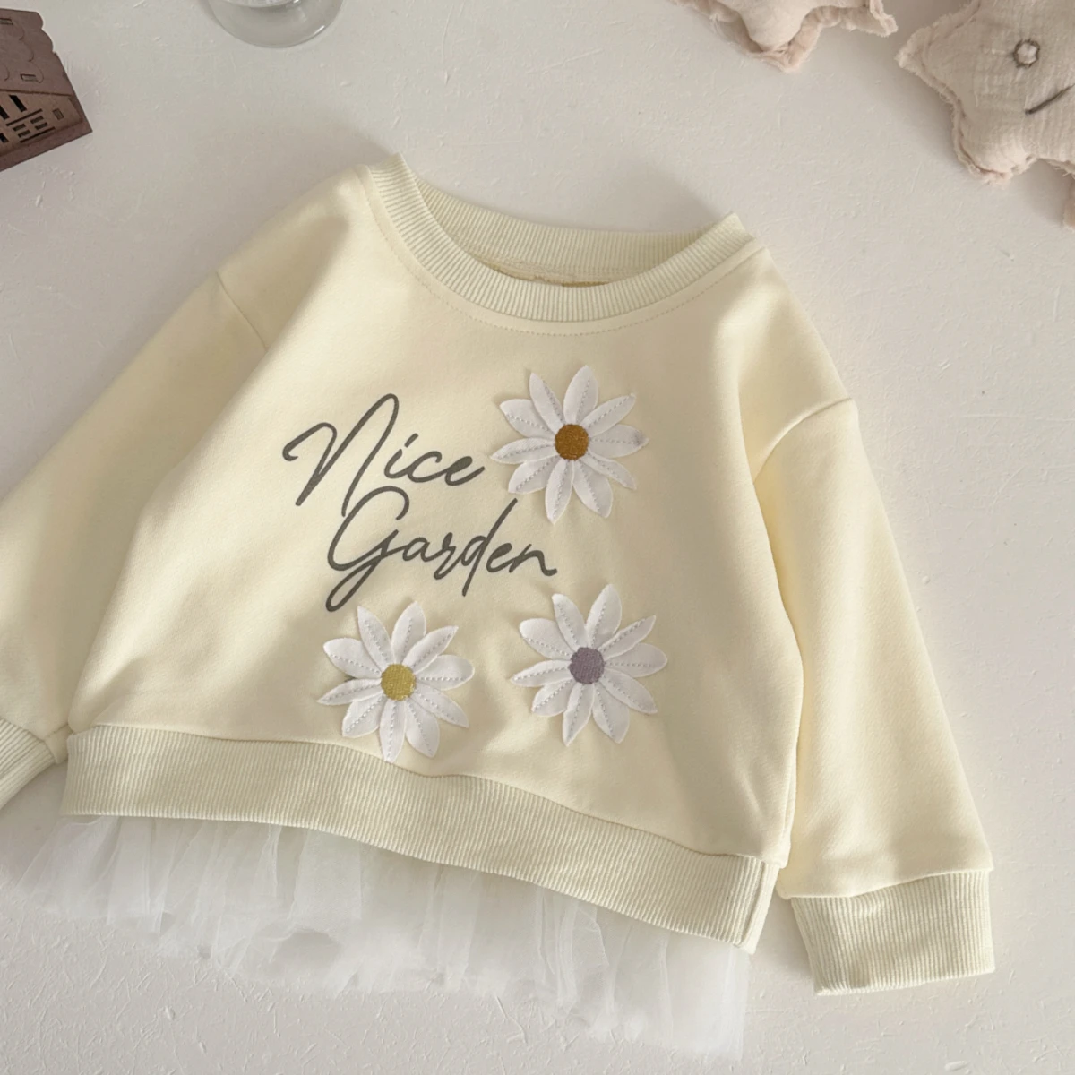 Baby Girl Floral Embroidered Lace Hem Sweatshirt and Elastic Pants Outfit