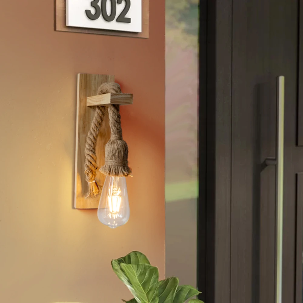 Hemp Rope Wall Lamps 85V-265V Garden Light Retro Wooden Kinkiety Na Sciane Wall Lamps Home Decor Sconse for Living Room