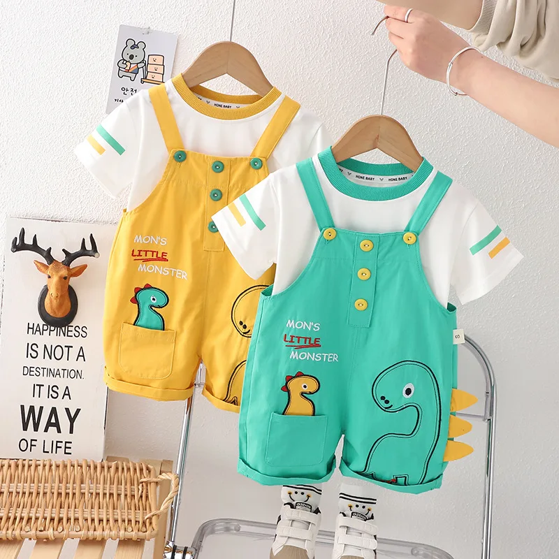 

LZH Suits 2023 Baby Boy Summer New Boy Clothes Baby Clothing Fashion Cartoon Dinosaur Print Suspenders + Top Two Pieces Set 0-5Y