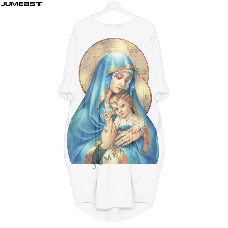 Jumeast Women 3D Batwing Pocket Dress Plus Size Christian Catholi Virgin Mary Jesus Pullover Dresses Summer Skirt Nightdress sweater dress