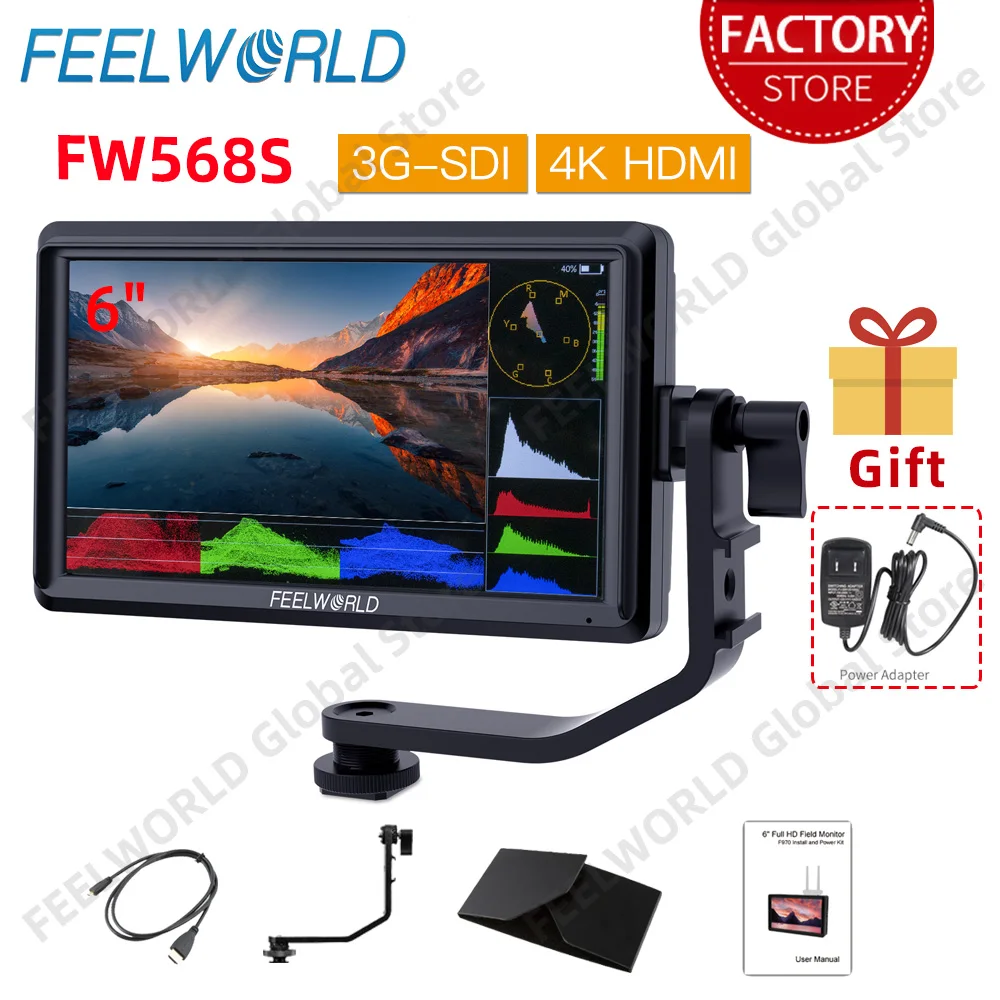FEELWORLD FW568S 6 Inch On Camera Video Monitor IPS 1920X1080 3G-SDI 4K HDMI Input OUtput F970 External Power and Install Kit portable monitor dslr field monitor