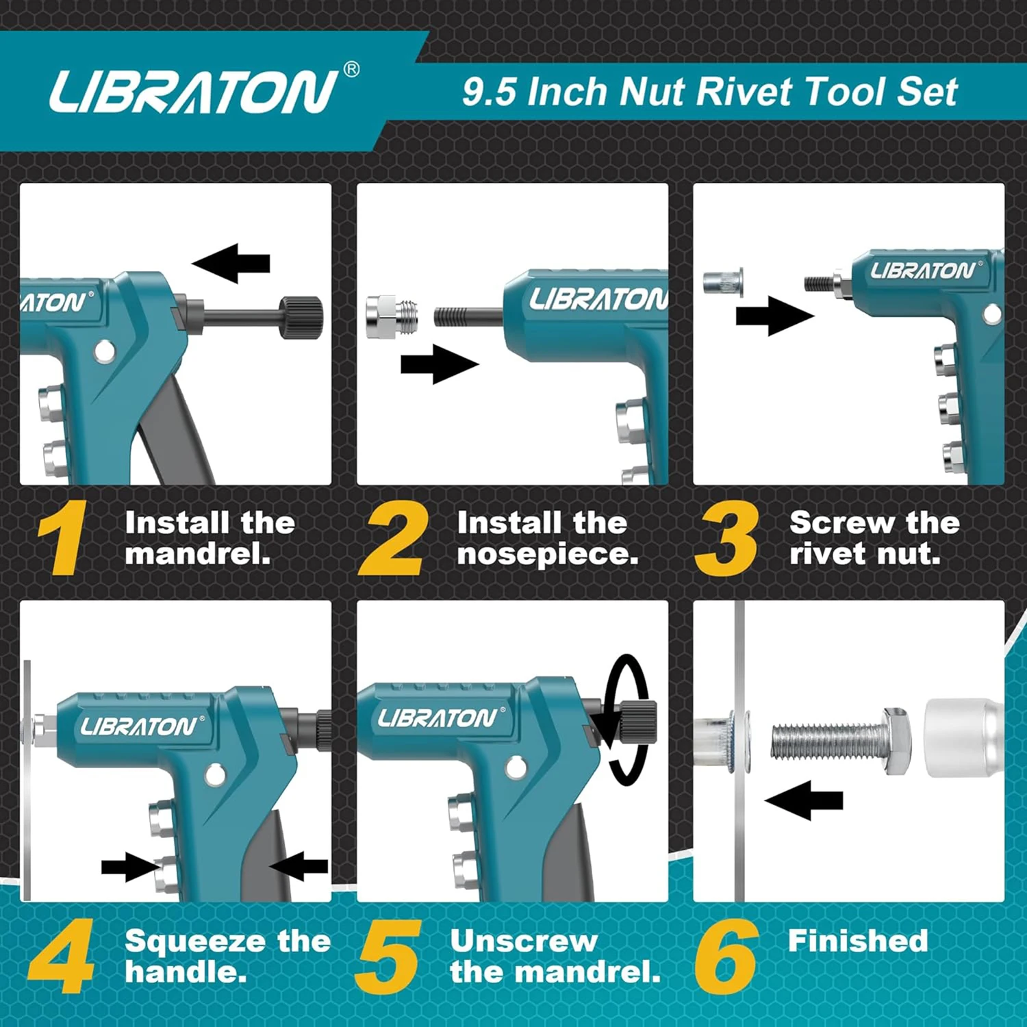 LIBRATON One-Handed Rivet Nut Gun, Rivet Nut Tool Kit with 40PCS Threaded Rivet Nuts, Metric Interchangeable Mandrels 4PCS 5