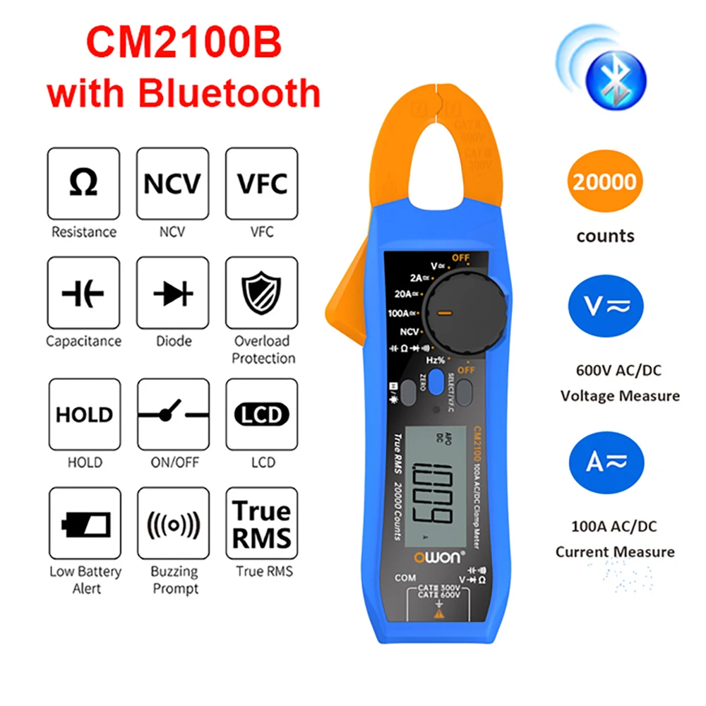 

Bluetooth Clamp Meter 100A 600V AC/DC Voltmeter Ammeter 20000 Counts True RMS Capacitance Resistance Diode Clamp Multimeter