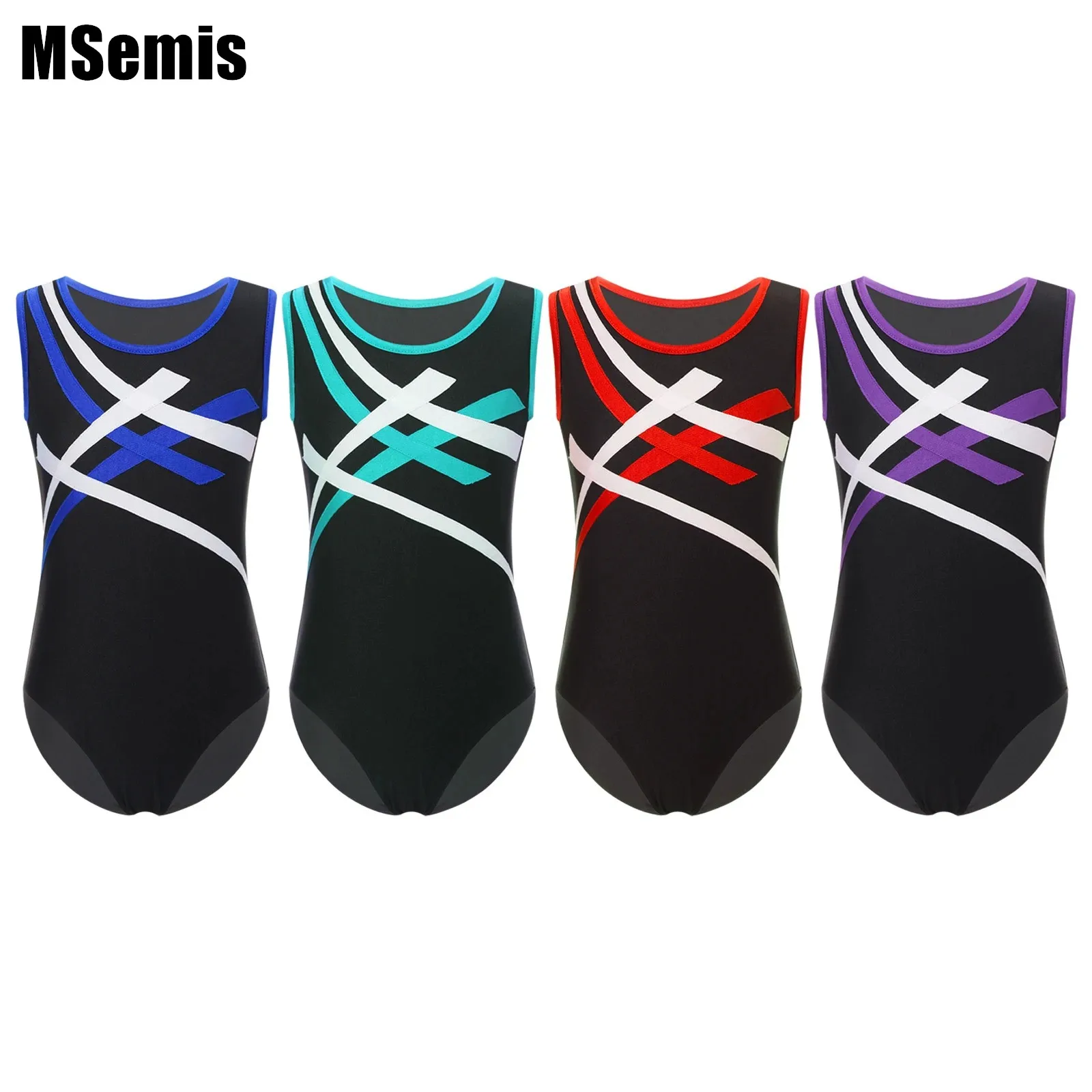 Kids Boys Patchwork Bodysuit Contrast Color Gymnastics Leotard Sleeveless Performance Competition Training Costume