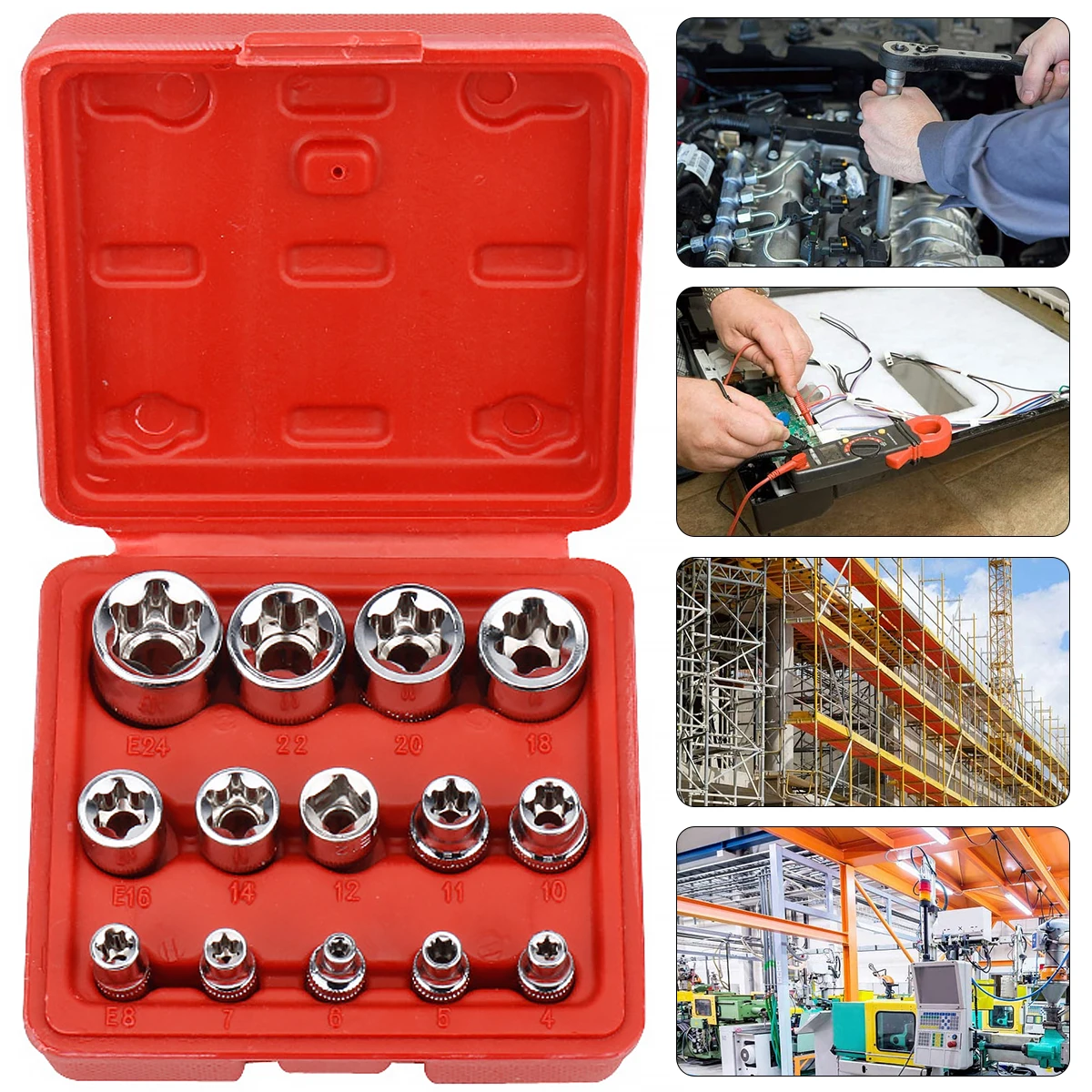 14Pcs E Torx Socket Set Female E Torx Star Socket Set Portable E4 E24