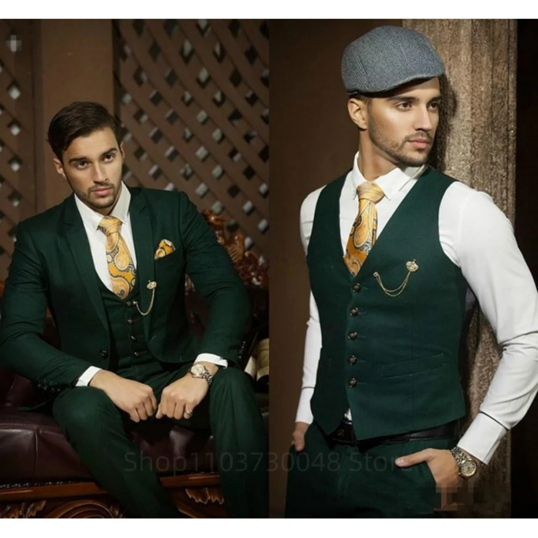 Dark Green Men Suits Slim Fit Smart Casual Wedding Dress Notch Lapel Jacket Vest Pants Groom Tuxedos for Business 3 Piece Sets