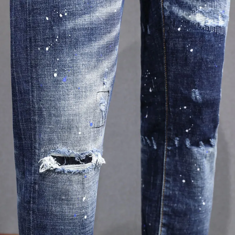 High Street Fashion Men's Jeans Vintage Washed Blue Elastic Tight Vintage Split Jeans Men's Painted Designer Hip Hop Brand High