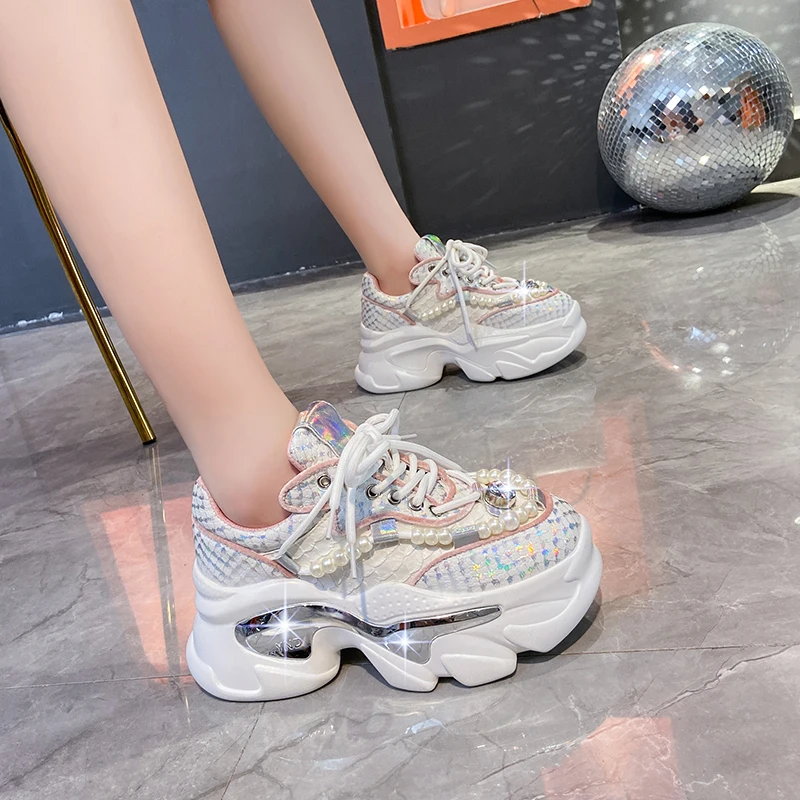 Snake Print Chunky Sneakers Women 2023 Thick Bottom Platform Ladies Sports Shoes New Autumn Pearl Rhinestone Dad Shoes Woman 8CM