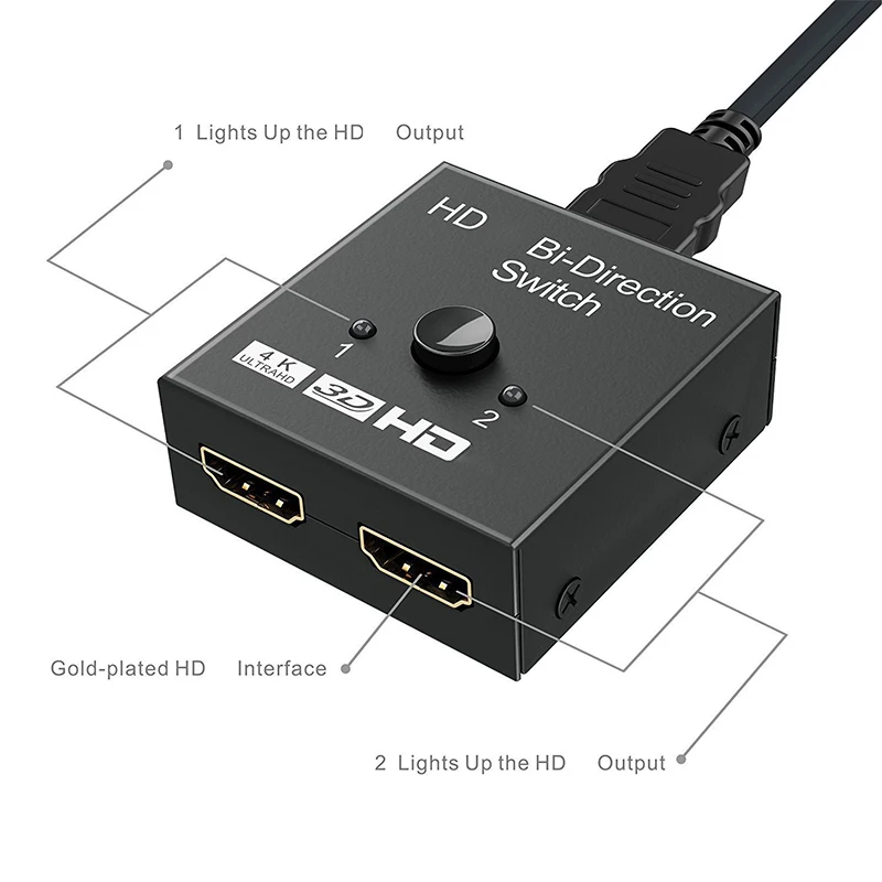 4K HDMI-Compatible Switch 2 Ports Bi-directional 1x2 / 2x1 HDMI-Compatible Switcher Splitter Supports Ultra HD 4K 1080P 3D HDR
