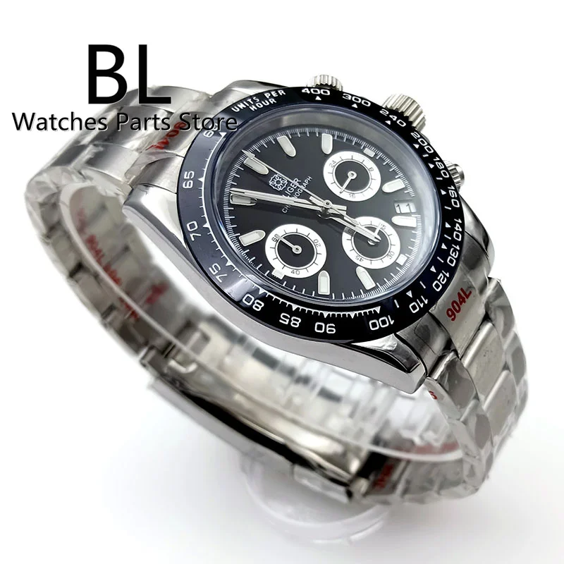 

BLIGER 39mm Quartz Chronograph Business Men's Watch VK63 Movement Calendar Stainless Steel Sapphire Crystal Black Dial Luminous