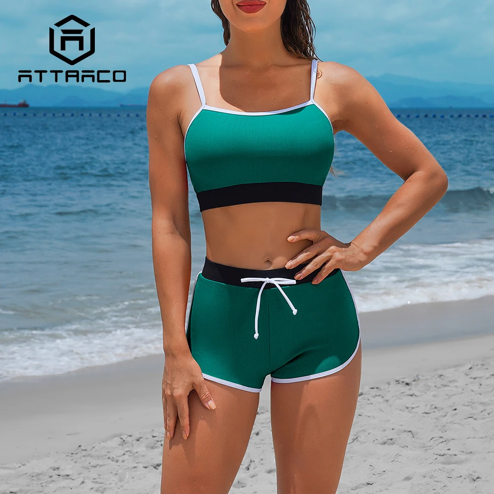 Attraco Women Bikini Set Adjustable Straps Block Color Crop Tops Scoop Swimwear Mid Waist Drawstrings Bathing Suit
