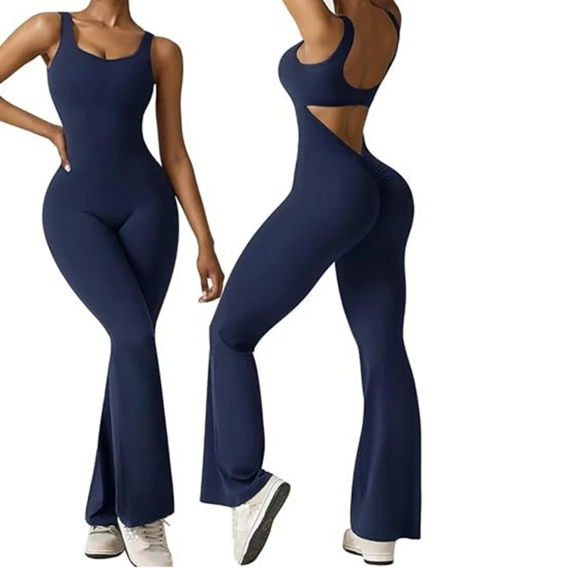 

Flared Jumpsuits for Women Sleeveless Bodycon Full Length Unitard Playsuit Cut Out Backless Scrunch Butt Yoga Rompers