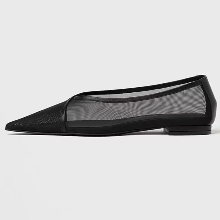 Mesh Hollow Fashionable Shallow Mouth Women's Singles, European and American Pointed Toe Footwear, Large Size Casual Flat Shoes