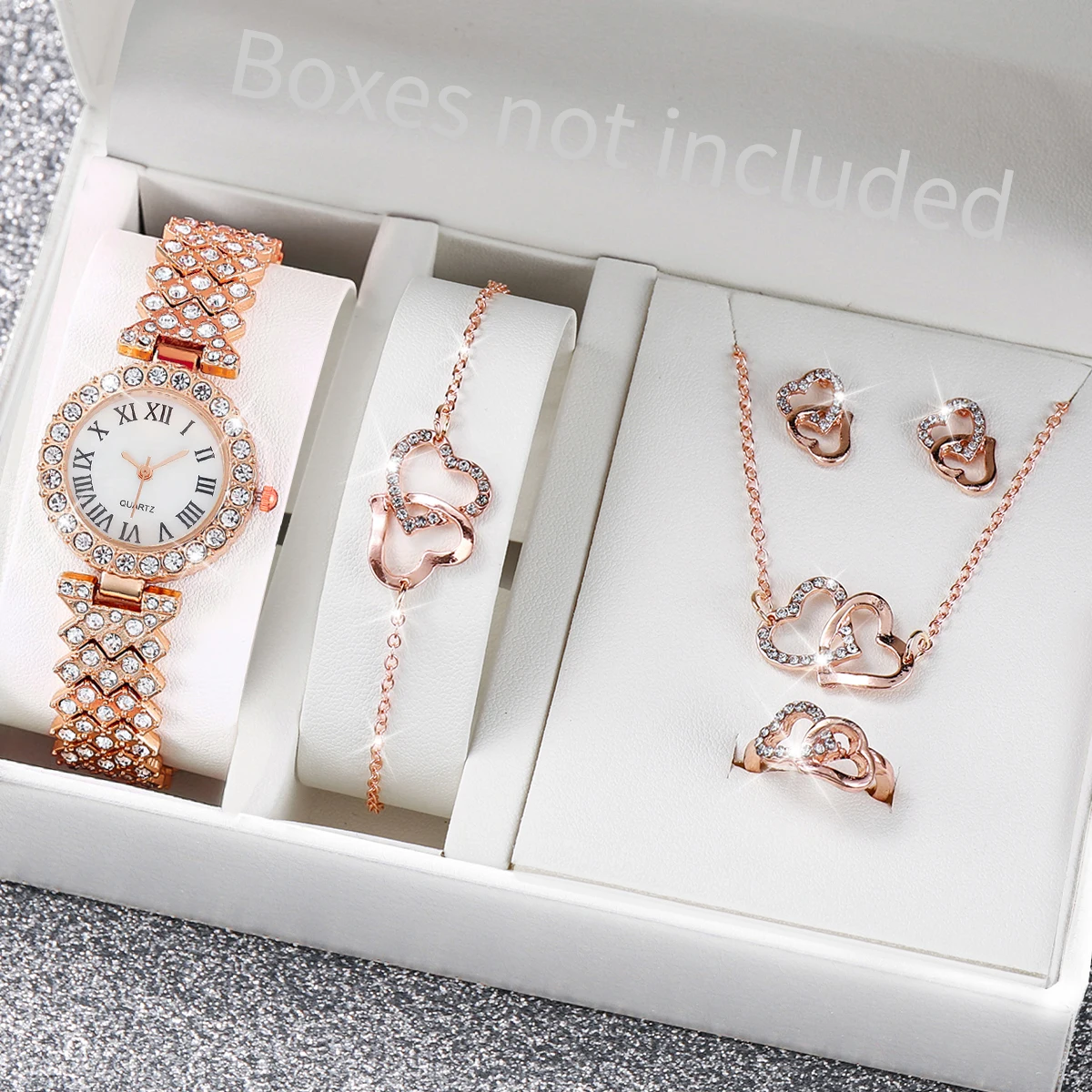 6PCS/Set Fashion Roma Dial Women's Watch Full Diamond Steel Band Quartz Watches Rhinestone Heart Jewelry(Without Box) 3