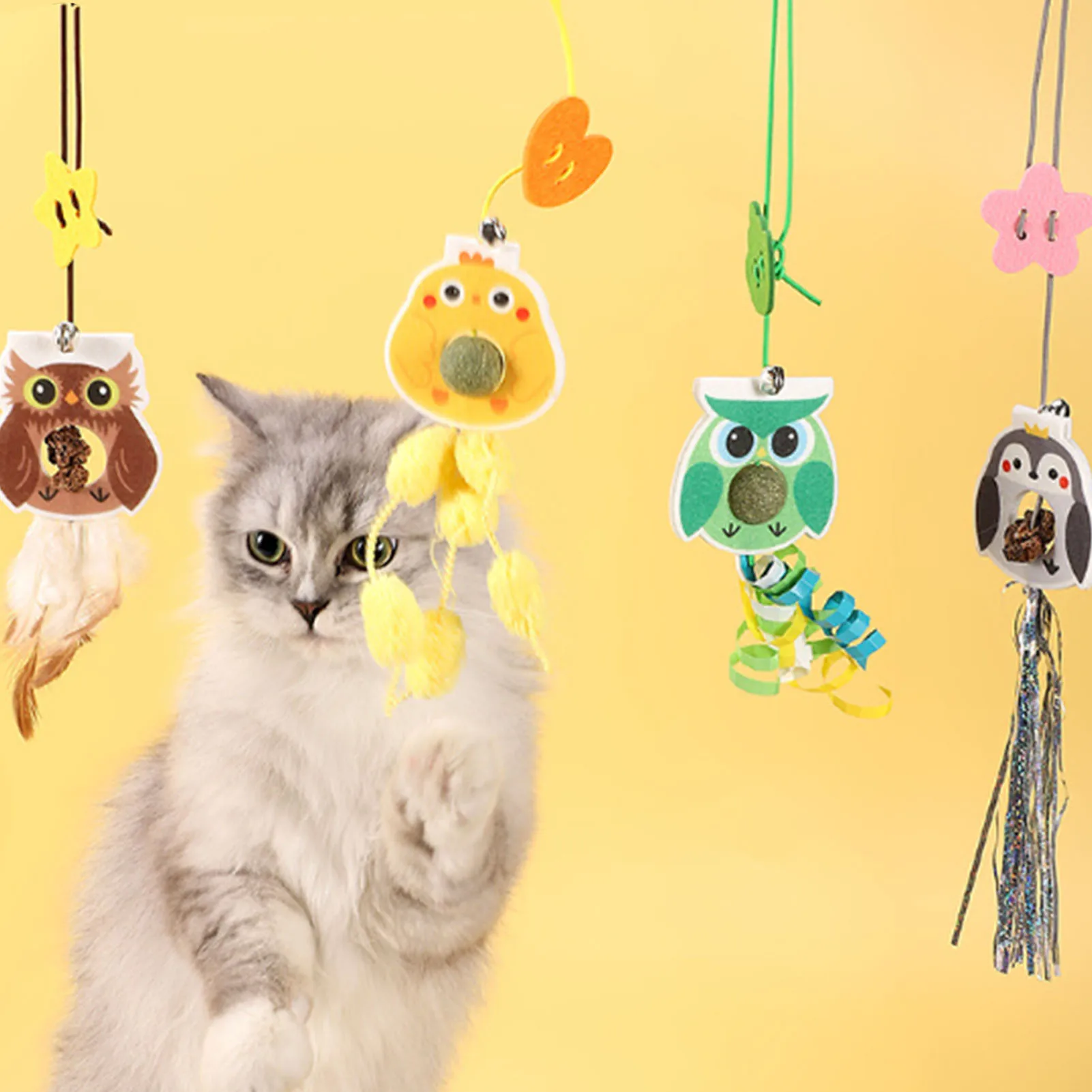 

ВЕРЕВОЧНАЯ ИГРУШКА для кошек, подвесная игрушка с перьями и дверью, эластичная Выдвижная привлекательная игрушка для кошек, милая форма животного