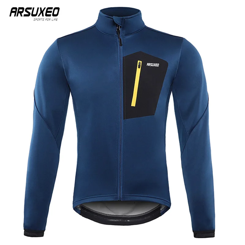 

ARSUXEO Winter Keep Warm Cycling Jacket Men Windproof Coat Breathable Bicycle Clothing Night Reflective LOGO Jersey Equipment