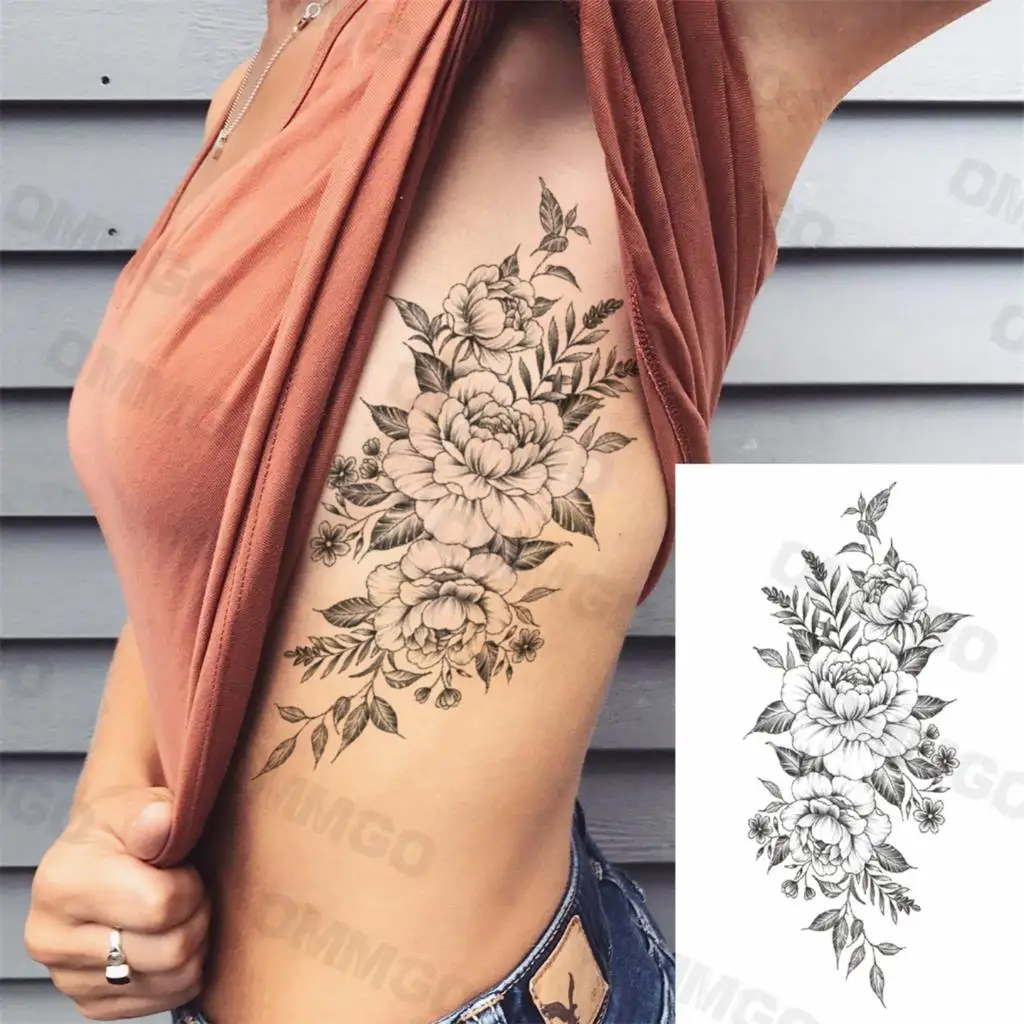 

Big Peony Flower Sexy Waist Temporary Tattoos For Women Adult Peony Daisy Fake Tattoo Waterproof Body Art Painting Tatoos Decal