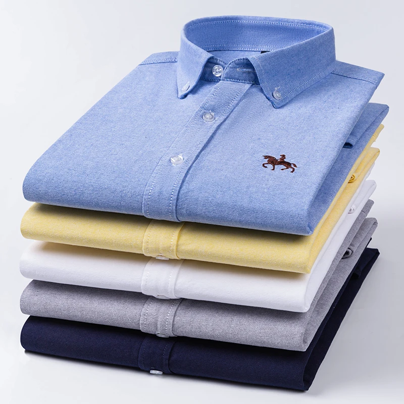 Pure Cotton Oxford Shirt For Mens Long Sleeve Plaid Striped Casual Shirts Male Pocket Regular-Fit Button-Down Work Man Shirt