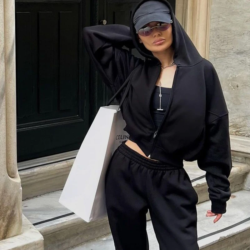 

Autumn Brushed women's sports and leisure set Zipper Loose Fit Top High Elastic Waist Long Pants Long Sleeved Hooded Clothing