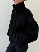 FSMG Vintage ample col montant manteau en laine pour les femmes décontracté solide manches longues chaud recadrée pardessus mode haute rue vêtements d'extérieur 4