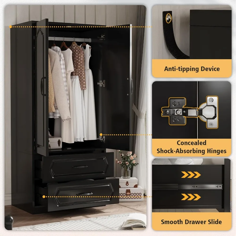 70" Wooden Wardrobe Closet with 2 Doors Drawer, Versatile Clothing Storage Cabinets with Hanging Rod, Black Children's Wardrobes 5