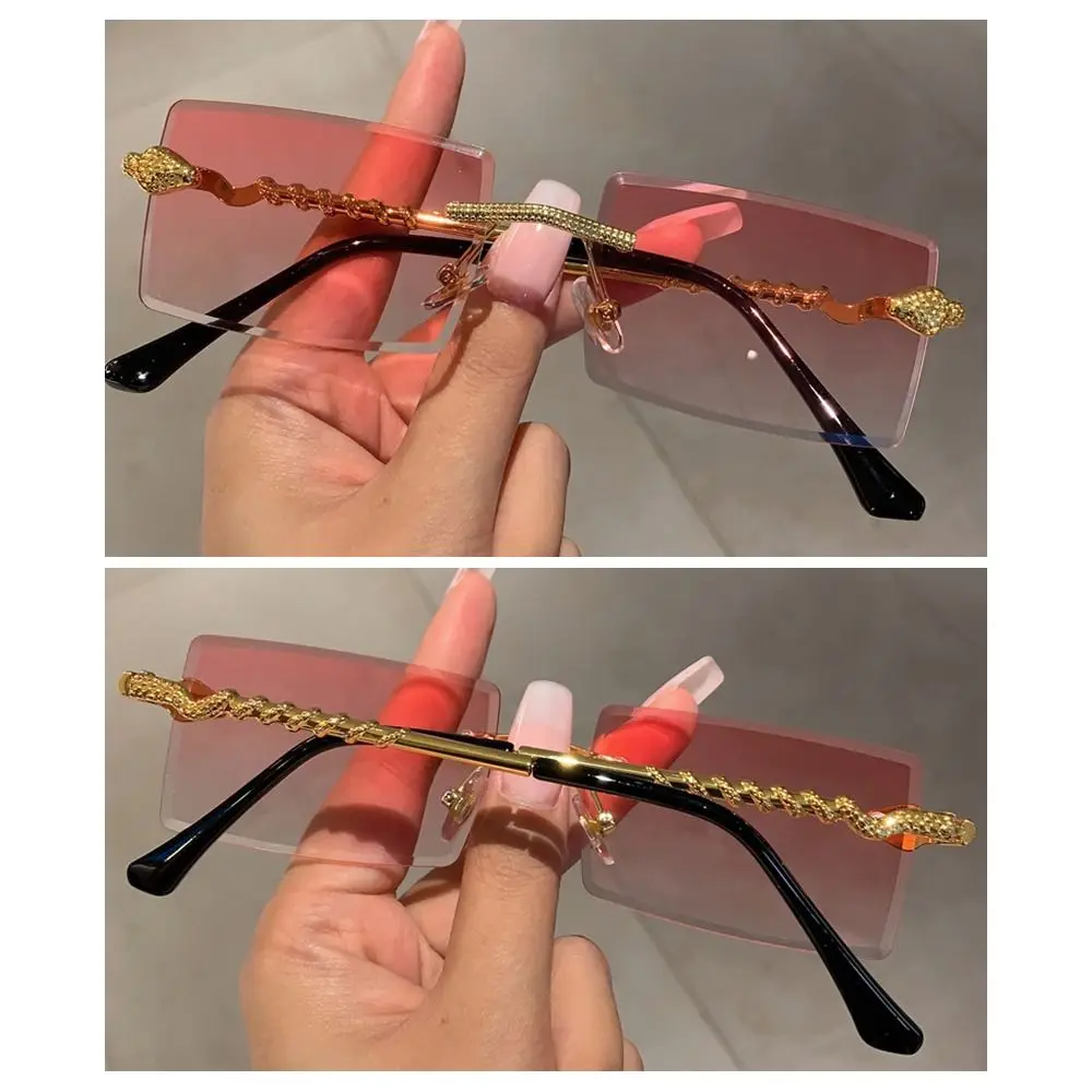 Trendige randlose, schlangenförmige Metall-Sonnenbrille mit quadratischem Rahmen, rahmenlose Street Shades-Sonnenbrille mit Farbverlaufslinse für Damen und Herren – Detail 6