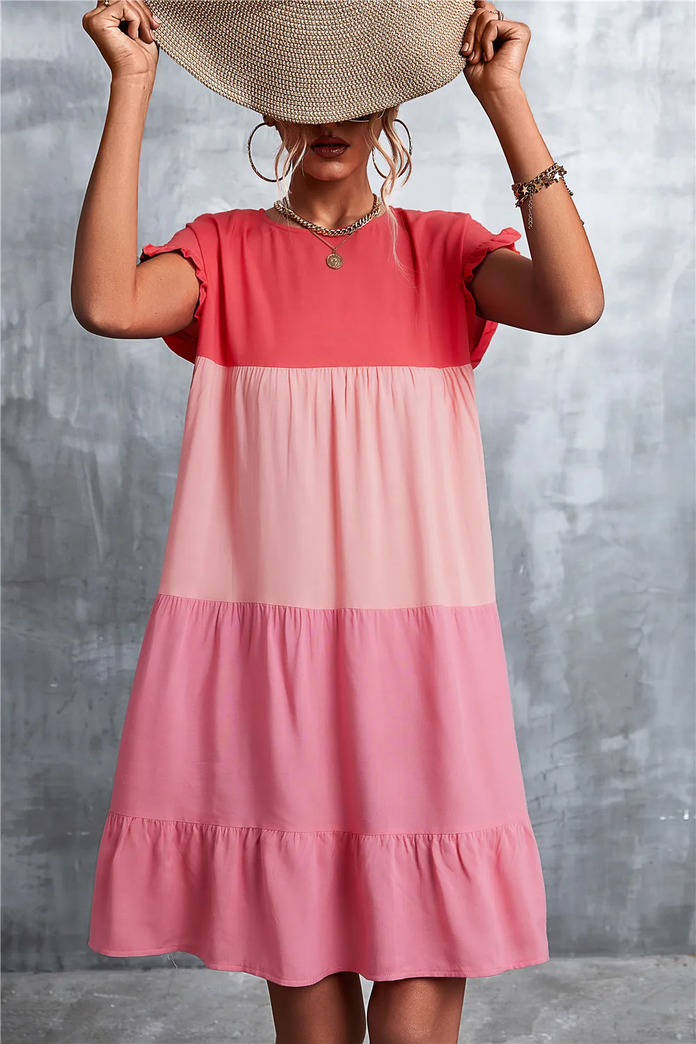 

Модное женское весенне-летнее контрастное платье с широкой юбкой 2023 женское повседневное свободное пляжное платье с коротким рукавом и круглым вырезом