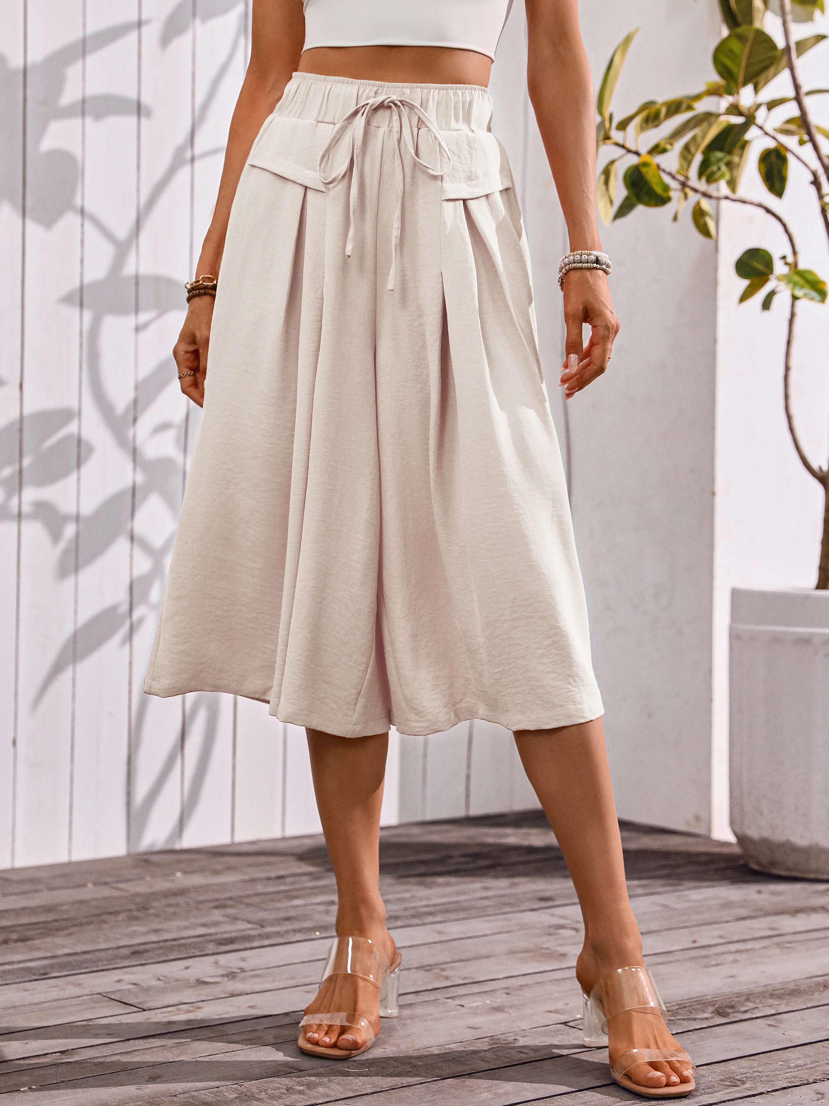 Capris Pants for Women Wide Leg Pants Flowy Elastic Waist Comfy Lounge Casual Palazzo Trousers with Pockets - 5