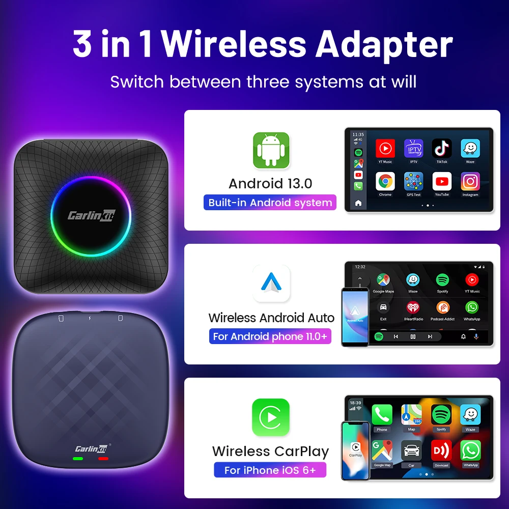Carlinkit Ai ڽ ȵ̵ 13 LED  ȵ̵ ڵ  ī÷ Ʈ TV ڽ, QCM6225  Ʃ ø ڵ ׼
