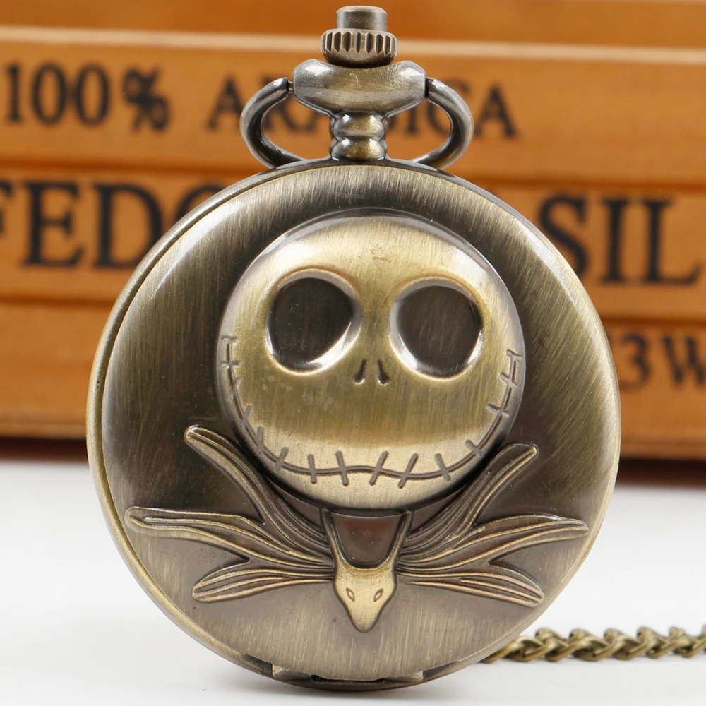 

Bronze Punk Vintage Skeleton Skull Chain Watch Arabic Numerals Dial Quartz Pocket Watch for Men Women Pendant Necklace Gifts