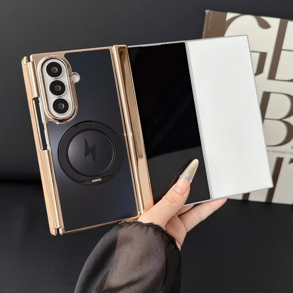 Electroplated TriFold Phone Case with 360° Ring Kickstand and Magnetic Hinge Protection