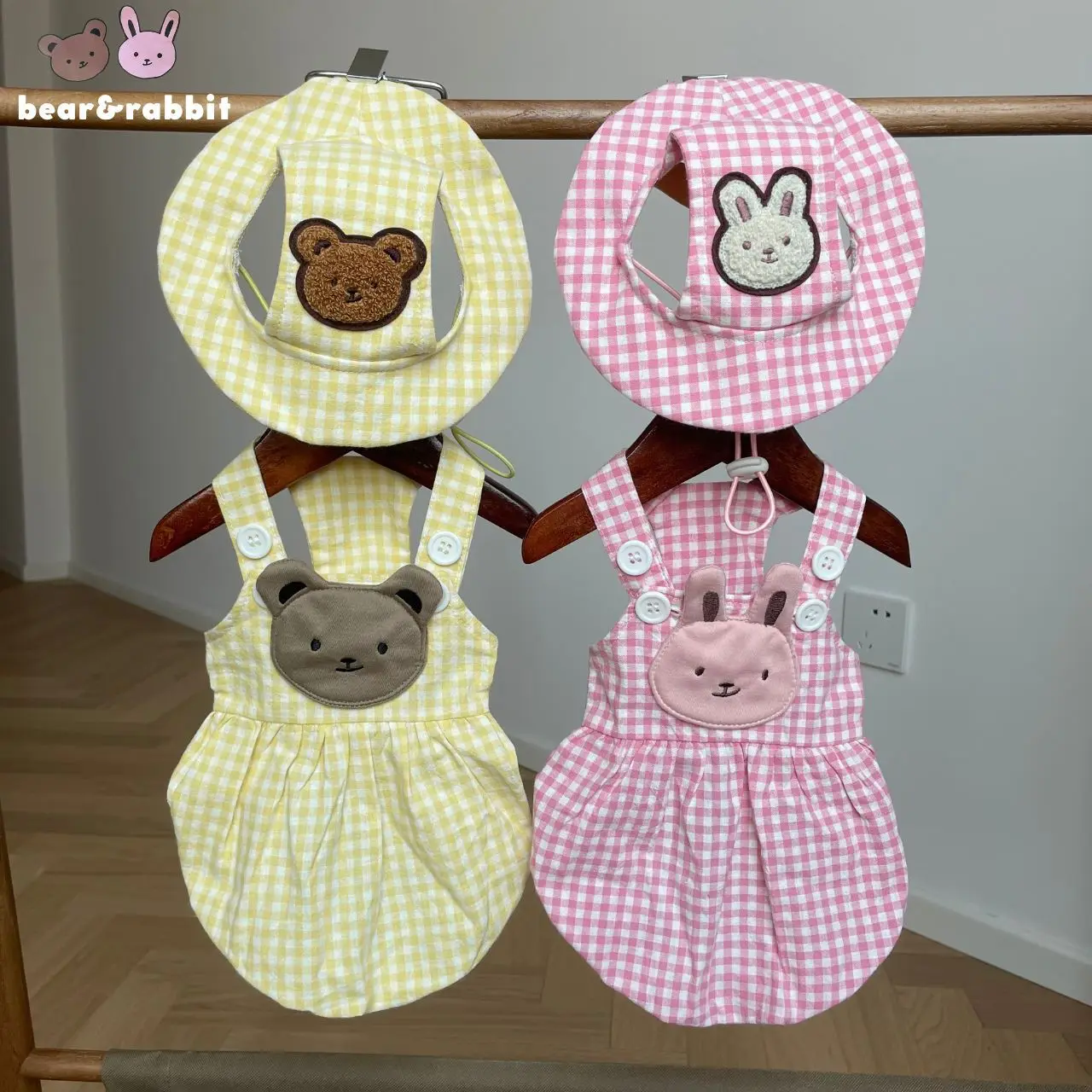 INS Summer Cotton Washed Plaid Pink Yellow Bear Bunny Suspender Skirt