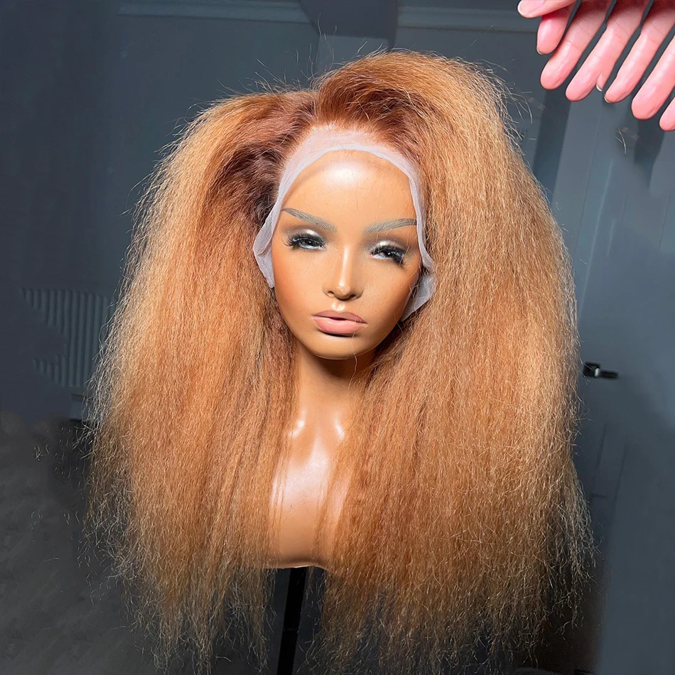 

180Density Yaki Soft Natural Hairline Ombre Blonde Long Kinky Straight Lace Front Wig for Women BabyHair Glueless Preplucked