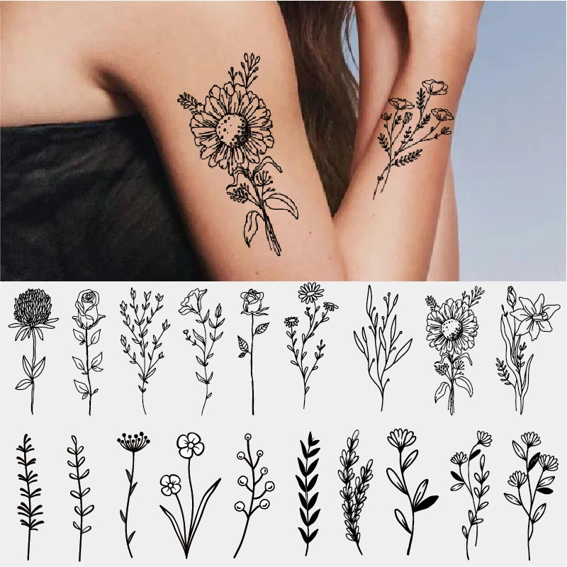 Pegatinas de tatuajes temporales desechables a prueba de agua, pegatinas de flores  pequeñas frescas de lirio blanco y negro, planta de lavanda| | - AliExpress