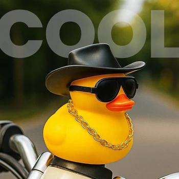 1PC cute yellow duck car ornament with black cowboy hat and sunglasses