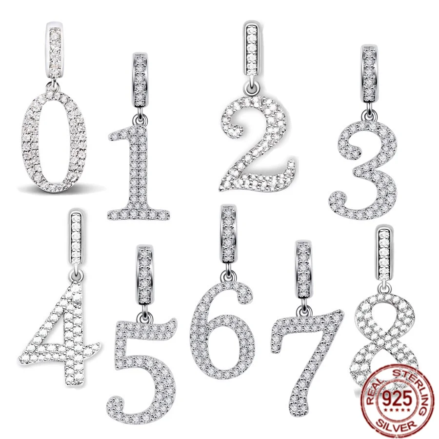 

Sparkling Exquisite Lucky 0-9 Numbers 925 Pendant Sterling Silver Charm Bead Fit Original Pandora Bracelet DIY Jewelry Necklace