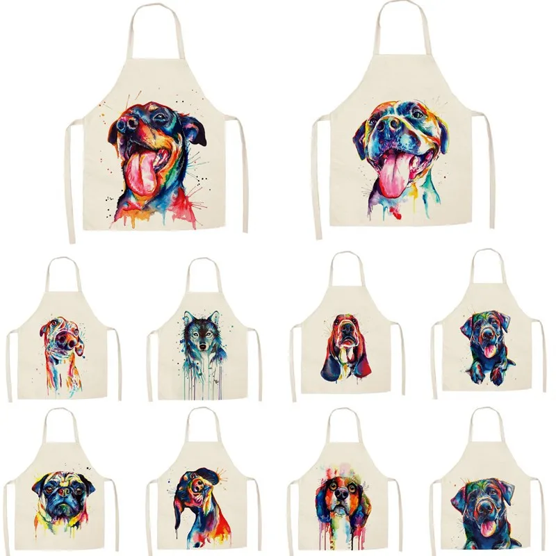 

1Pcs Kitchen Apron Colorful cartoon dog flowers Printed Sleeveless Cotton Linen Aprons for Men Women Home Cleaning Tools 55*68cm