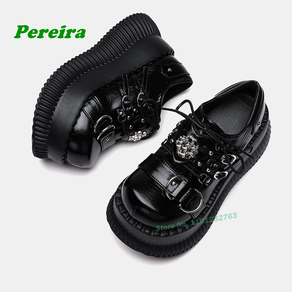 

Y2K Thick Soled Metal Pumps Spicy Girls Round Toe Platform Black Lace Up Women's Shoes Gothic Glossy Casual Shoes Luxury Solid