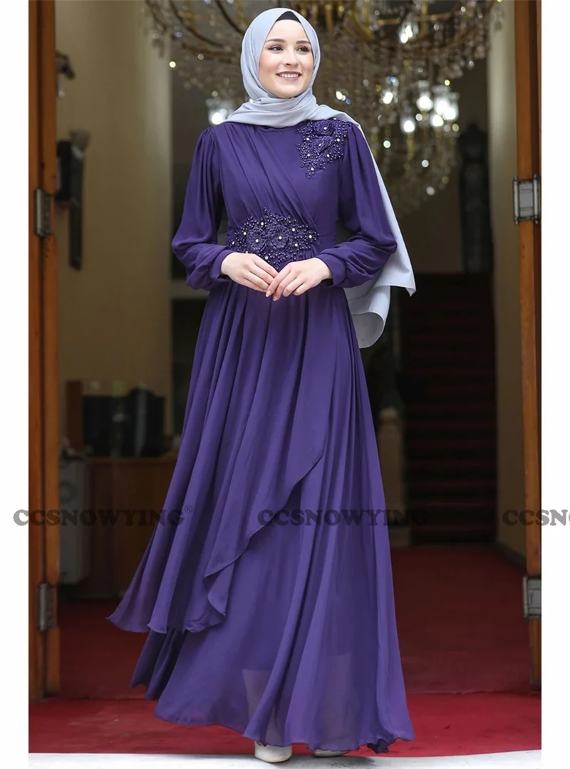 

Chiffon Appliques Hijab Muslim Evening Dresses Long Sleeve A Line Islamic Prom Formal Party Gown High Neck Saudi Arabia Kaftan