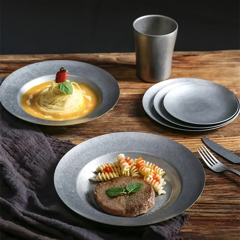 Nordic Vintage Stainless Steel Steak Dinner Plates Snack Fruit Dessert Vegetable Shallow Plate Cutlery BBQ Picnic Dish Tableware dining dish