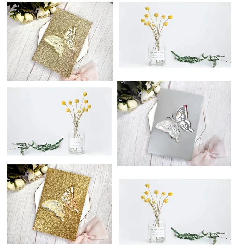 1pcs Navy Blue Rose Gold Glitter Laser Cut Silver Blush Butterfly Birthday Wedding Invitation Card Quinceanera Black Invitations