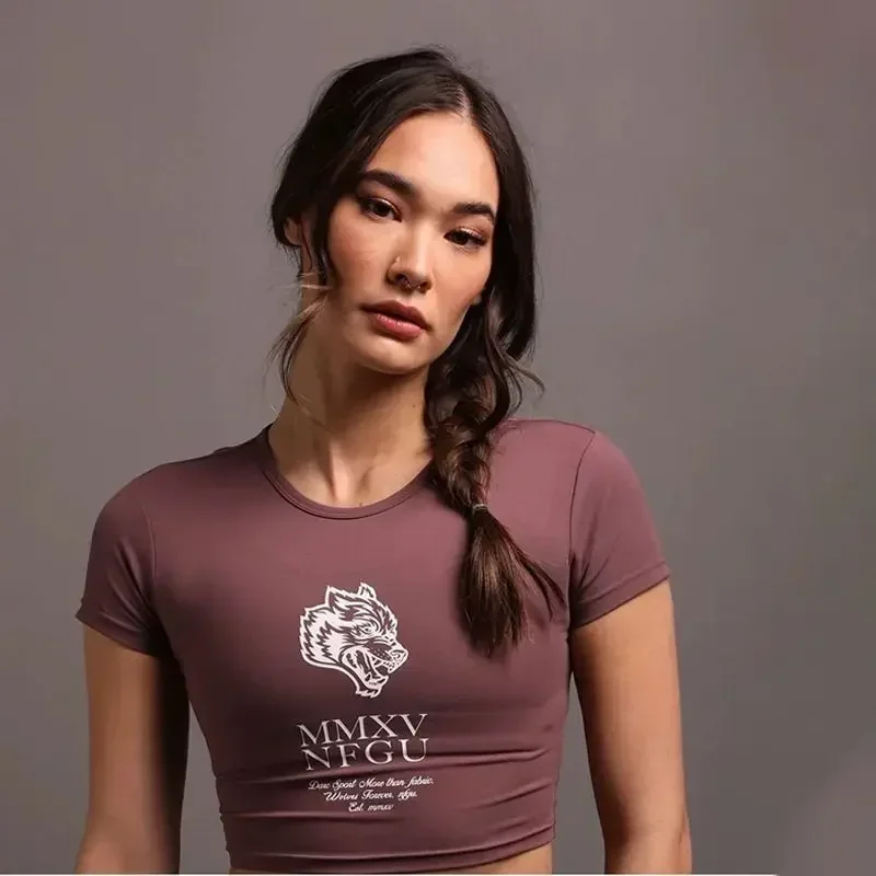 High Quality Wolf Head Ladies Sports Skinny Short Sleeve Running Fitness Yoga Short High Elastic Quick Drying Printed T-Shirt 3