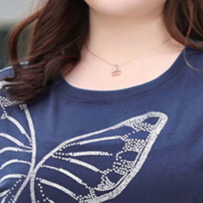 Fashion Royal Blue Plus Size Pullover Tops Summer Clothes for Women Diamonds Splicing Butterfly Short Sleeve Loose T-Shirt Trend