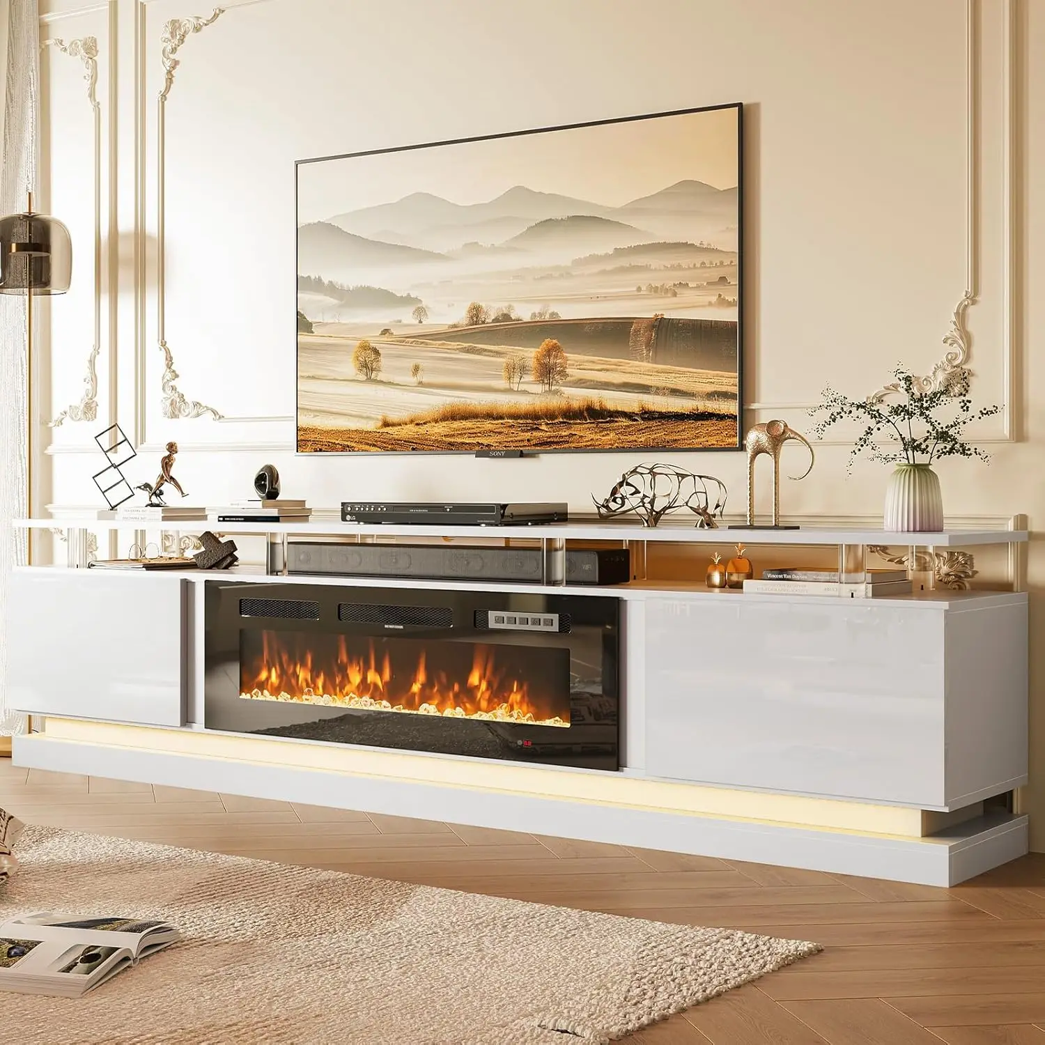 80" Fireplace TV Stand, Modern Entertainment Center for TVs Up to 90", TV Console with Storage Cabinets, Media, Customized image 3