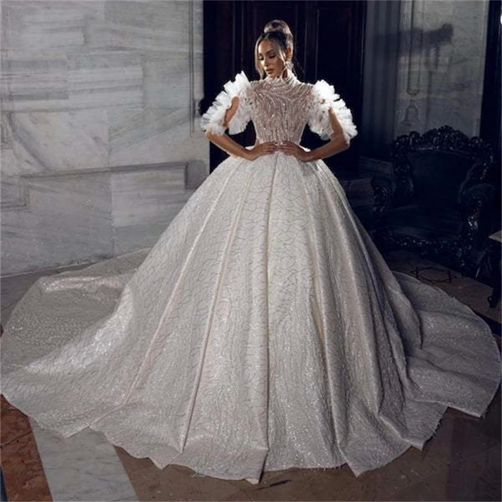 

Shiny Sequine Beading High Collar Wedding Dresses Long Sleeves Bride Ball Gowns Custom Made Robes De Mariée