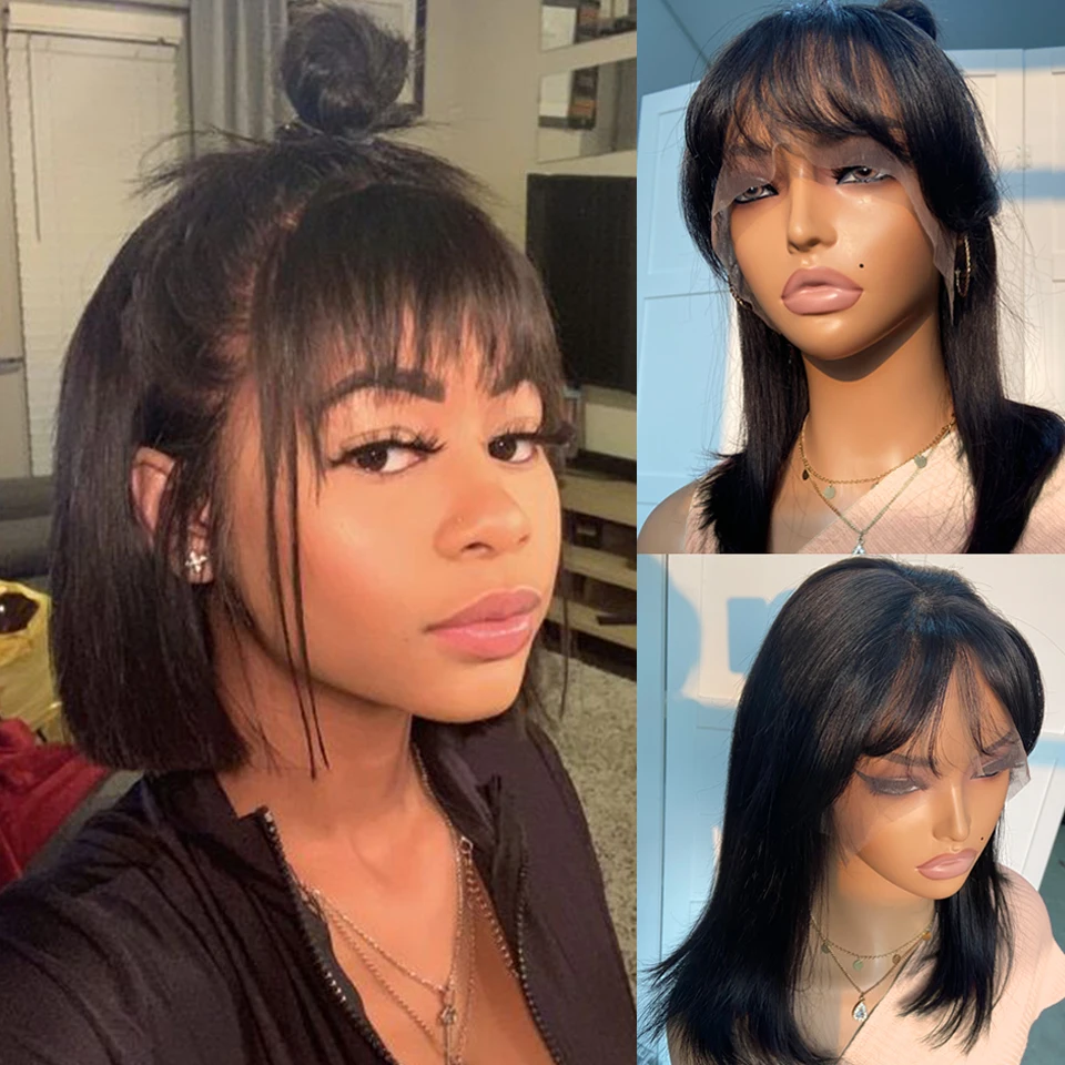 

Short Straight Bob Lace Front Wig With Bangs Cute Human Hair Bob Wigs For Women Brazilian Remy Hair Easy Part Lace Bob Wig